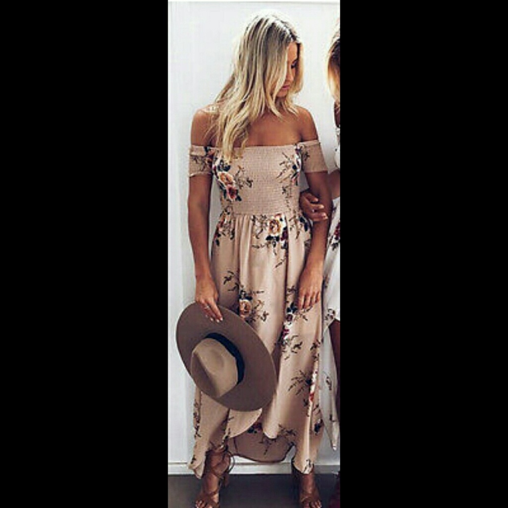 Tan boho floral off the shoulder maxi with slit - Picture 4 of 6